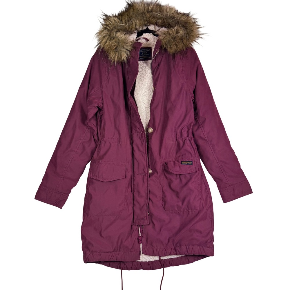 Abercrombie & Fitch Burgundy Faux Fur Hooded Sherpa Lined Parka Jacket S Y2K
